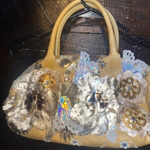 Floral Embellished Tan Handbag
